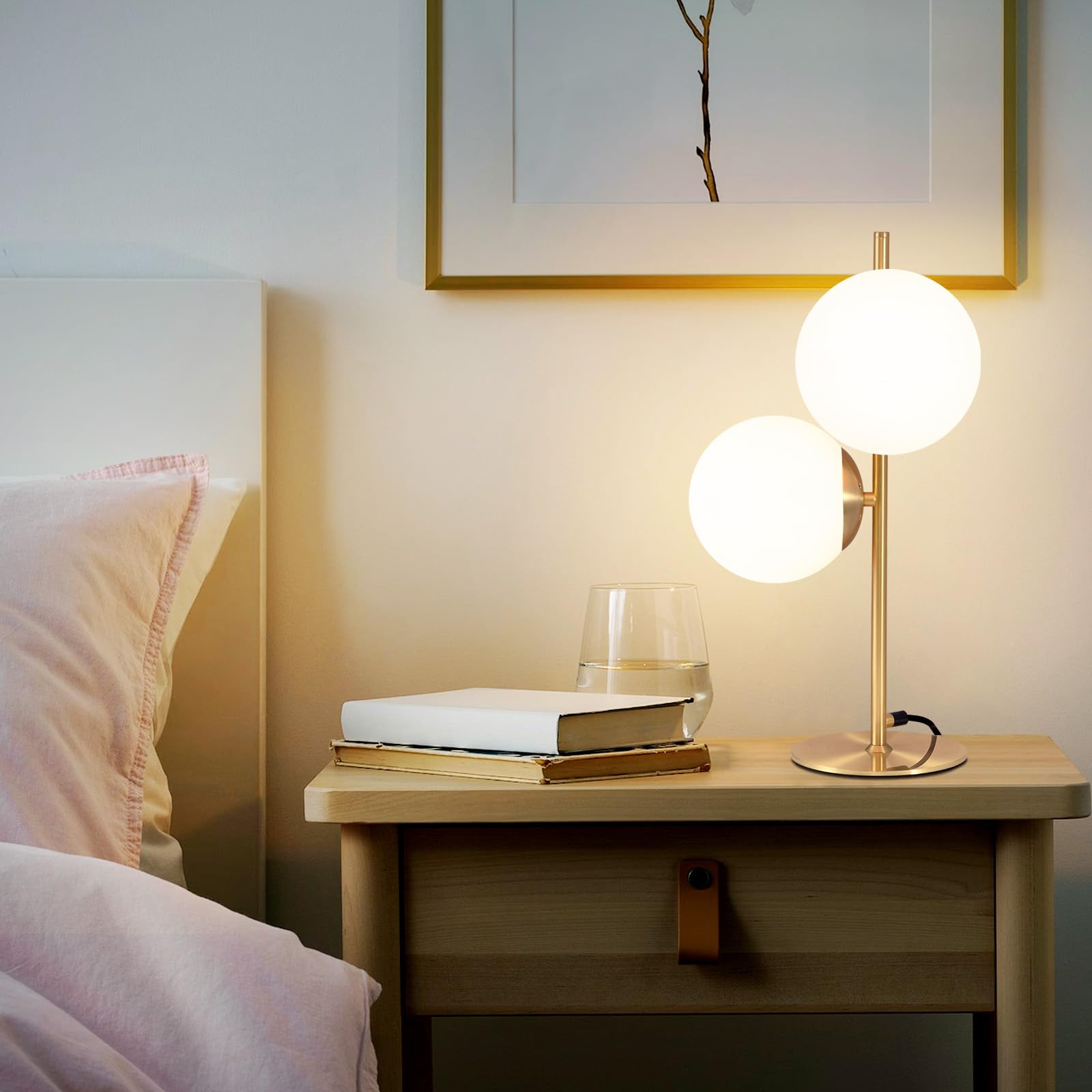 ZMH Lampada da tavolo per soggiorno, moderna, industriale, oro, 2 fiamme, con interruttore, design in metallo, vetro, lampada da comodino, in ottone, E27, per
