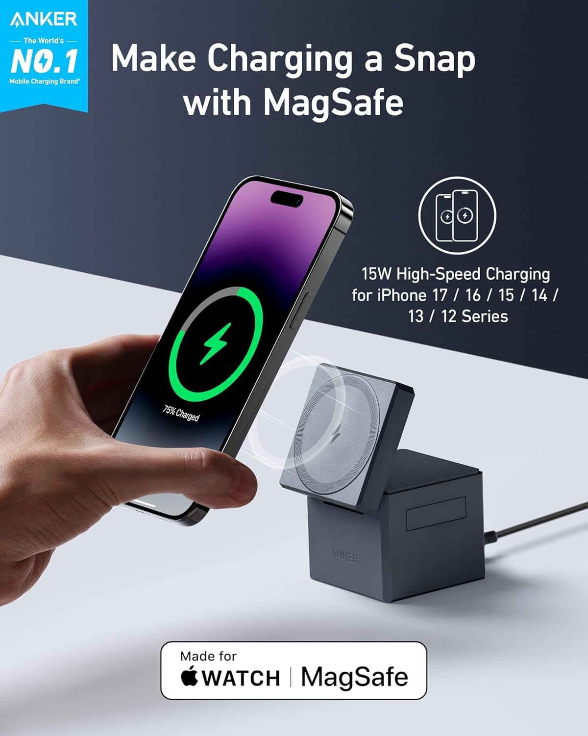 Anker MagSafe - Supporto caricabatterie wireless, cubo 3 in 1, supporto pieghevole per ricarica rapida da 15 W, per iPhone 17/16/15, Apple Watch 1-8/Ultra, AirPods (caricatore USB-C da 30 W e panno di