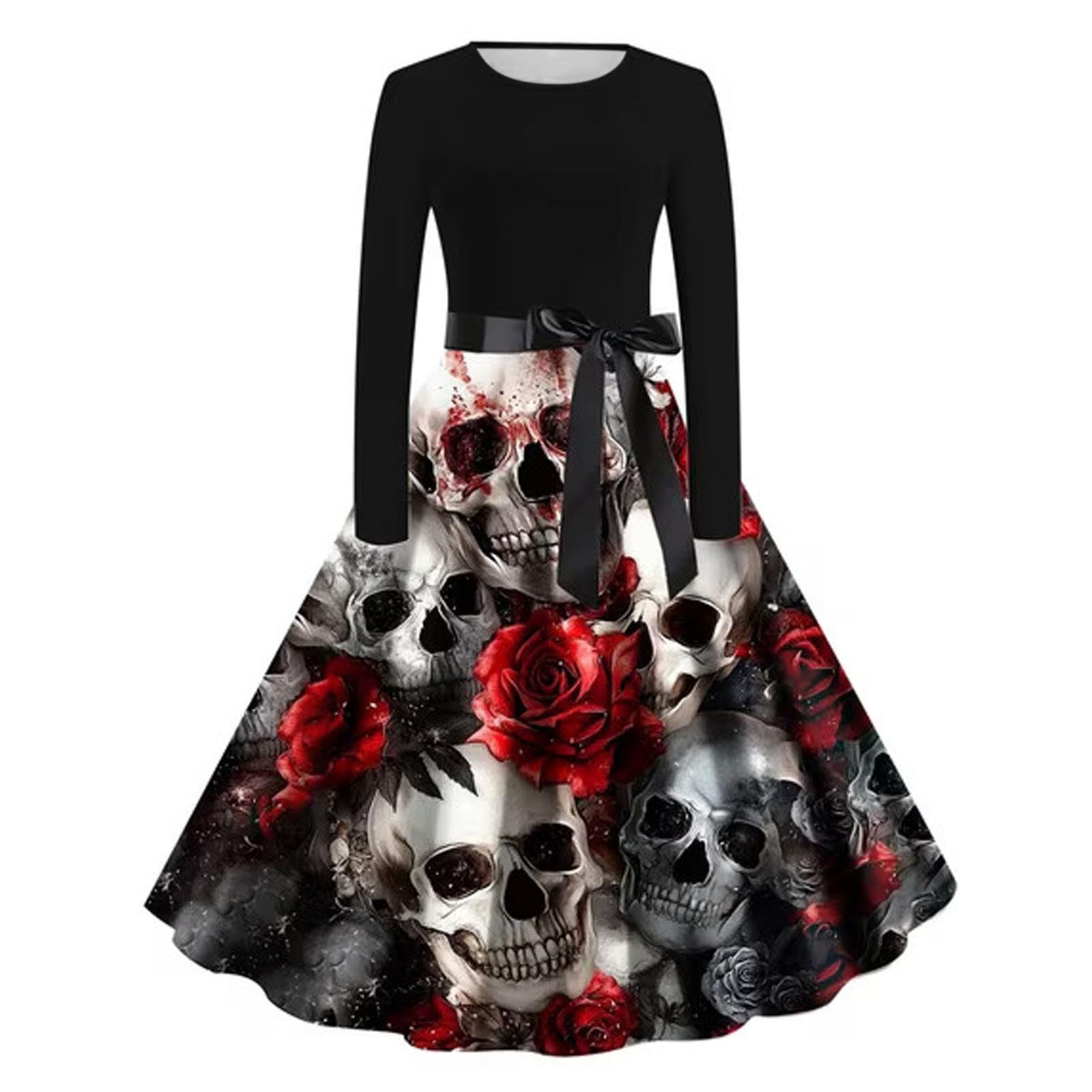 Halloween Costumes Adult Women Retro Pumpkin Skeleton Print Round Collar Long Sleeve A Line Swing Ladies Dress Women's Fashion Black Vintage Skull Witch Rockabilly Party Cocktail Novelty Maxi Dresses