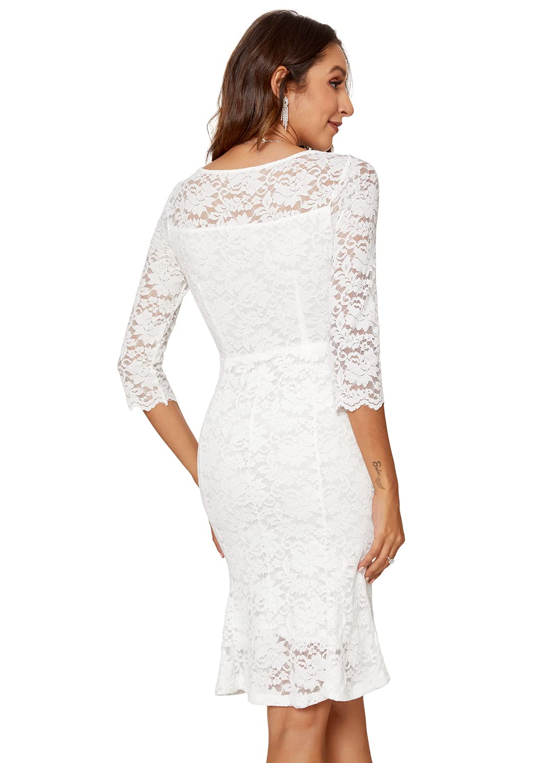 Atnlewhi Damen 3/4 Ärmel Kleid V-Ausschnitt Formeller Abend Bodycon Knielang Vintage Spitzenkleid Elegante Cocktailkleider