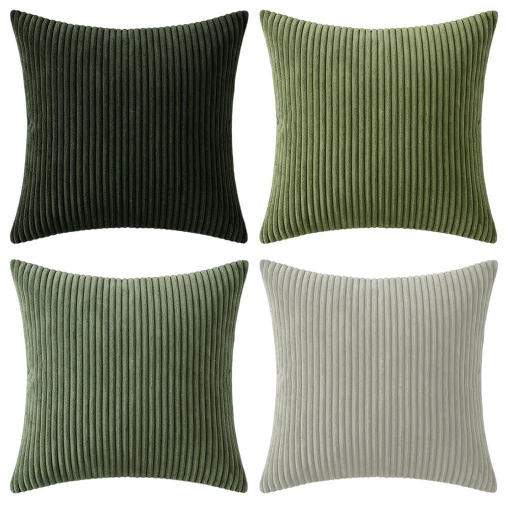 Vervora Corduroy Cushion Covers 45x45cm Set of 4, Sage Green Striped Scatter Cushion Covers 18x18 Inch, Soft Decorative Pillow Cases for Sofa Couch Bed Living Room Bedroom (Sage Green)