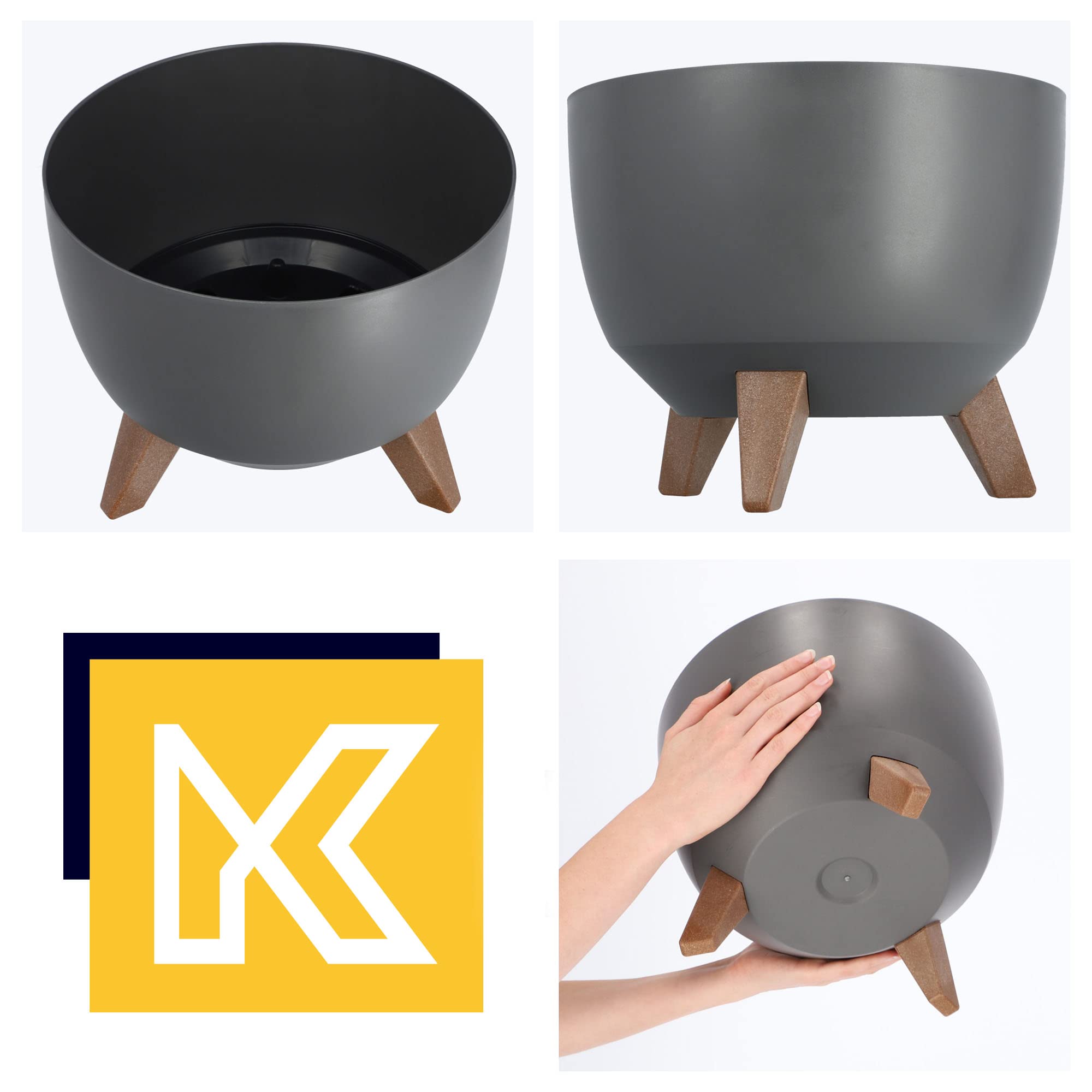 KADAX Vaso Rialzato in Plastica per Piante da Interno ed Esterno, Coprivaso Decorativo con Piedistallo Simil-Legno (Set di 2: 29 e 39.5 cm, Grigio Scuro)