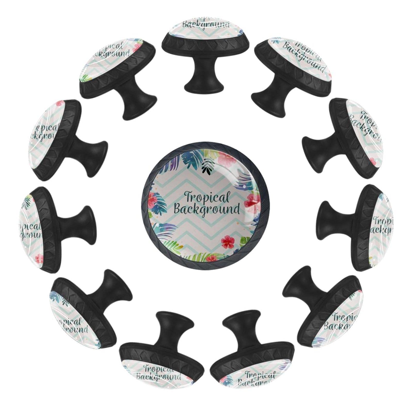 Boutons de tiroir ronds lot de 12 à fleurs tropicales et chevron bleu 35 mm pour commode enfant
