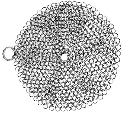 Stainless Steel Cast Iron Cookware Scrubber Skillet Cleaner Grill Scraper with Hanging Ring Anti Rust 7in Round