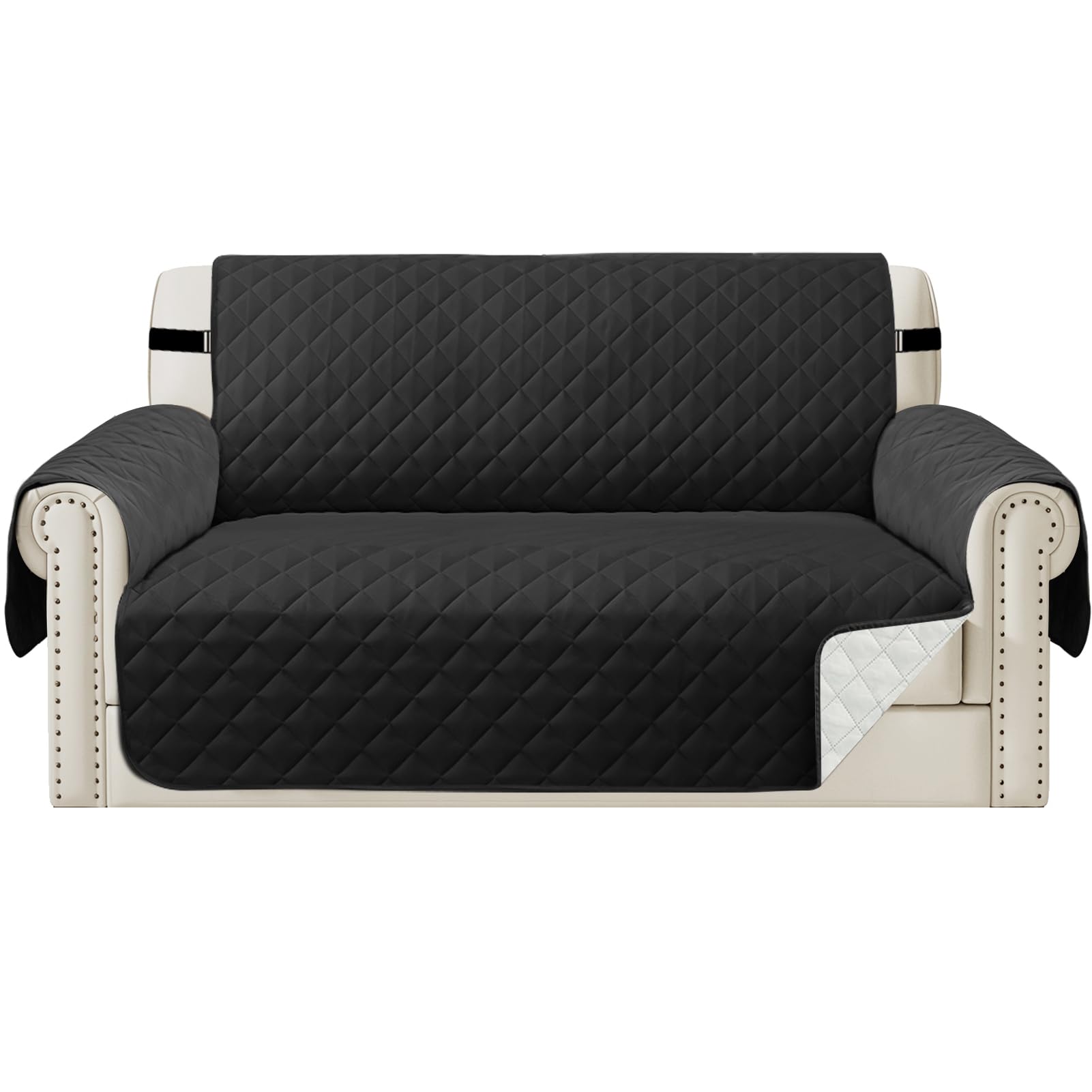 Teynewer Sofa Covers 2 Seater Water Repellent Reversible Sofa Slipcovers Loveseat Couch Settee Covers Non-Slip Furniture Slipcovers with Elastic Straps for Kids Pets, Black/Beige