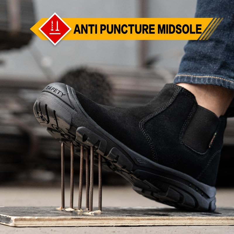Image of Work Boots for Men Safety Steel Toe Boots for Construction Soft Toe Welding Boots Women Slip on Chelsea Booties Puncture Proof Industry Shoes 6 INCH (7, Black)