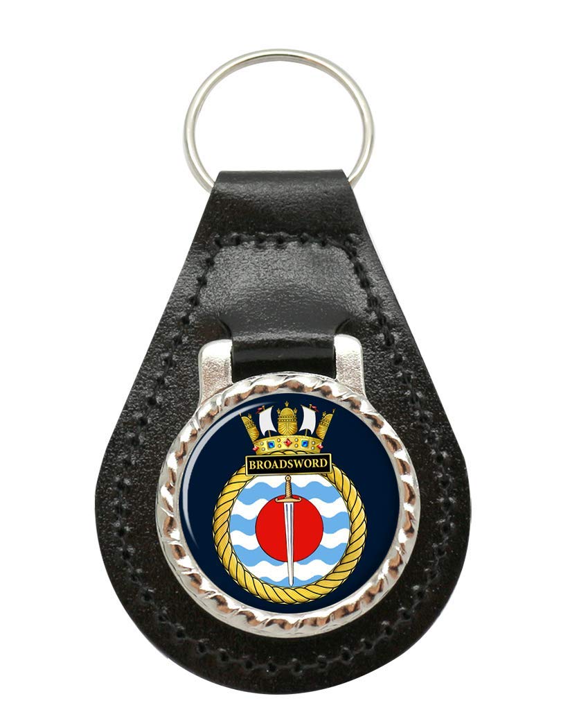 Giftshop Uk Unisex Black Leather And Silver Metal Hms Broadsword, Royal Navy Leather Key Fob