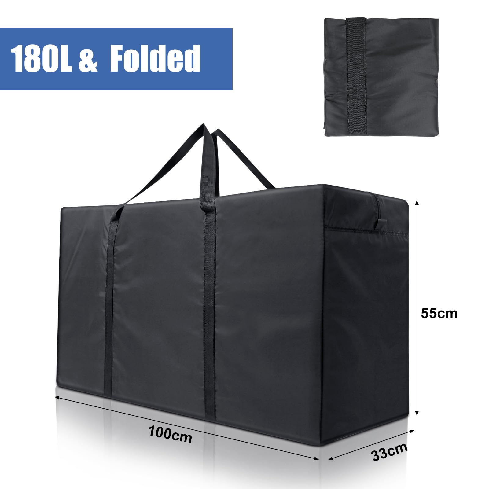 Cozary 180L Aufbewahrungstasche Groß, 600D Oxford Heavy-Duty Umzugstaschen mit Handgriff, wasserdichte Tragetasche für Kleidung, Decken, Kissen - 100x55x33cm - Schwarz