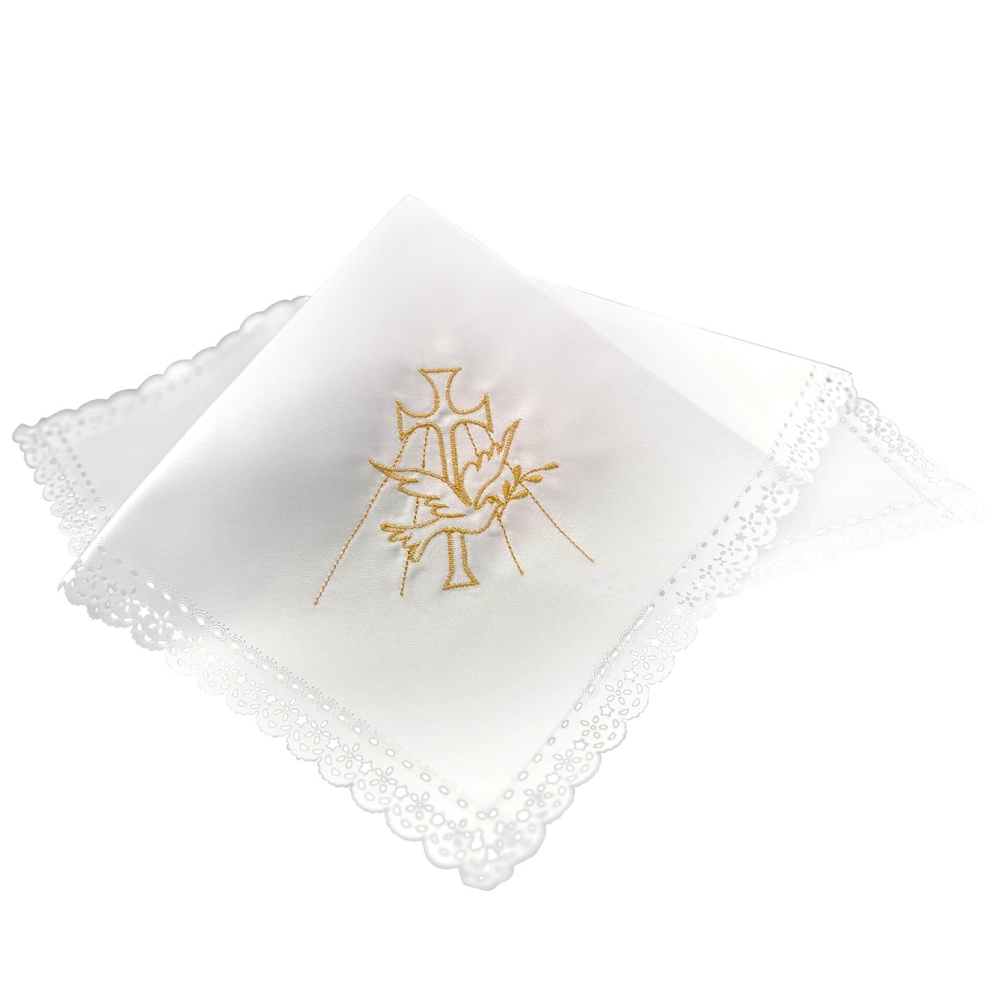 Panno decorativo per battesimo 35 x 35 cm, bianco con ricamo dorato a croce e colomba e bordo in pizzo, panno decorativo per battesimo, candela, pietra per battesimo, comunione, cresima e