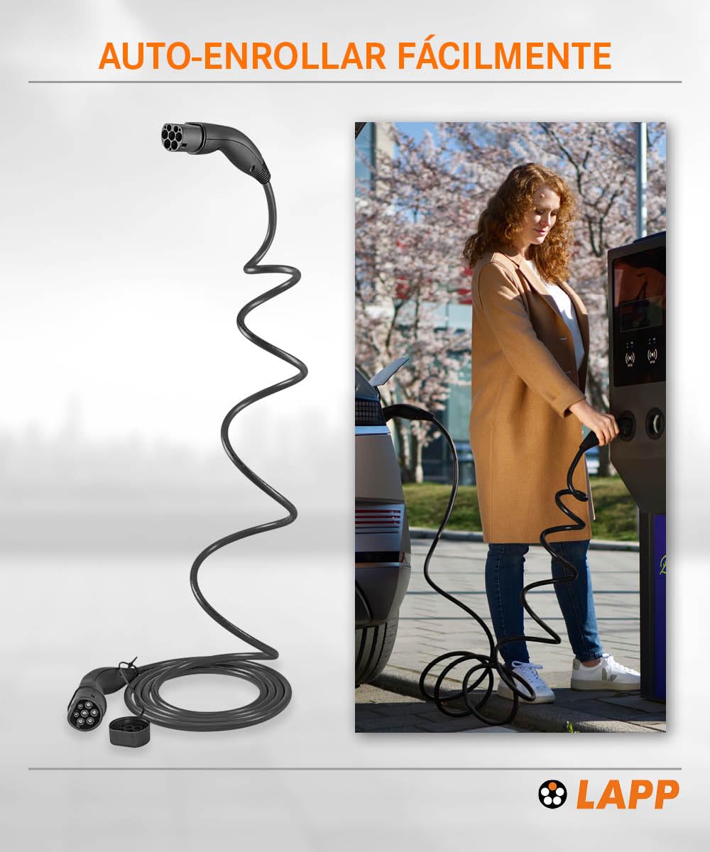 Lapp Mobility Helix EV Cable de Carga Tipo 2, 11 kW/Autorretráctil / 20 A/Trifásico/Cable de Carga para Coches eléctricos/Modo 3 / 5m