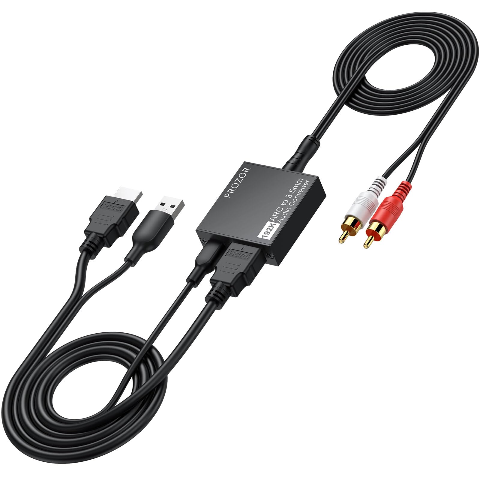 PROZOR Convertitore HDMI ARC a Jack 3.5mm per TV Estrattore Audio con Controllo Volume CEC, Uscita Stereo PCM 192kHz per Cuffie/Altoparlanti, Alimentazione USB (Cavi HDMI e RCA Inclusi)