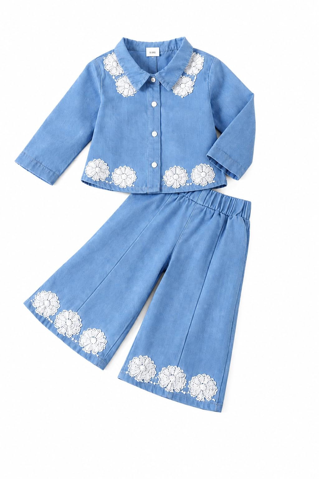 Baby Girls Toddler Soft Denim Premium Outfit Set Long Sleeve Button-Up Shirt with Lace Floral Embroidery & Wide Leg Pants, 2-Piece Casual Clothing Set Baby Girls Denim Cord Set-image-12