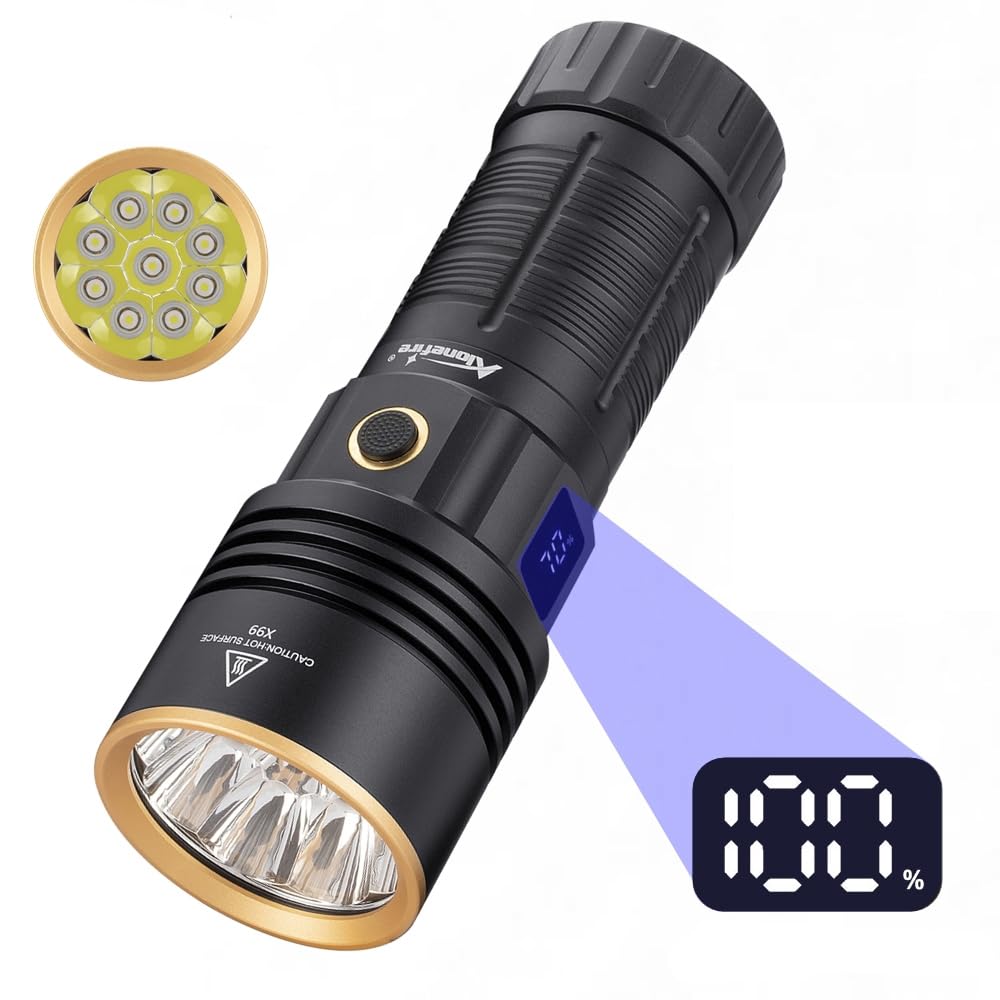 Alonefire X99 Linterna LED Recargable USB C 3500 Lúmenes Superbrillante Pantalla Digital 4 Modos Resistente al Agua con Carga Inversa con Batería para Acampada, Emergencias, Senderismo y Hogar