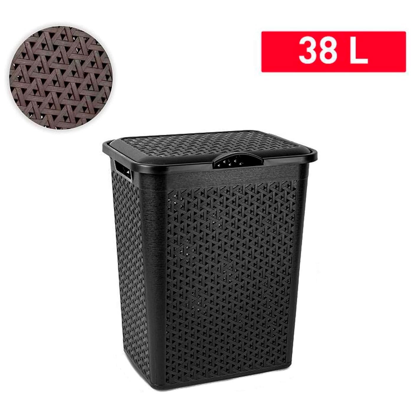 Tradineur - Cesto portabiancheria con coperchio e manici, pongotodo in plastica, per biancheria, imitazione vimini, prodotto in Spagna, colore: bianco - 38 litri, 49 x 38,5 x 29,5 cm