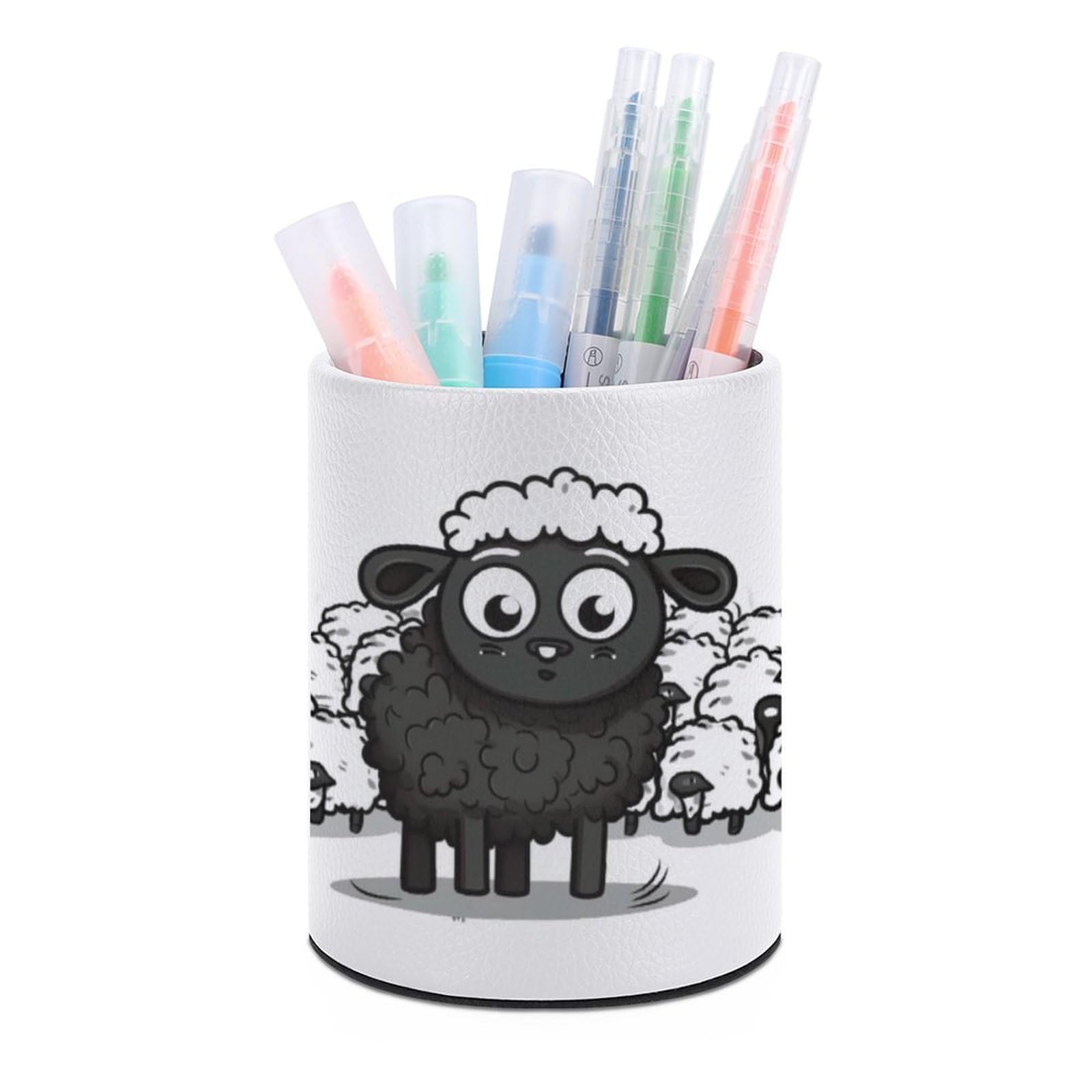 JTREHY Round Pen Holder,Cartoon Black White Sheep Printed Makeup Brush Storage Box Desktop Stationery Storage Cup Office Accessories Storage Box Pencil Storage Box for Home Office Dressing Table