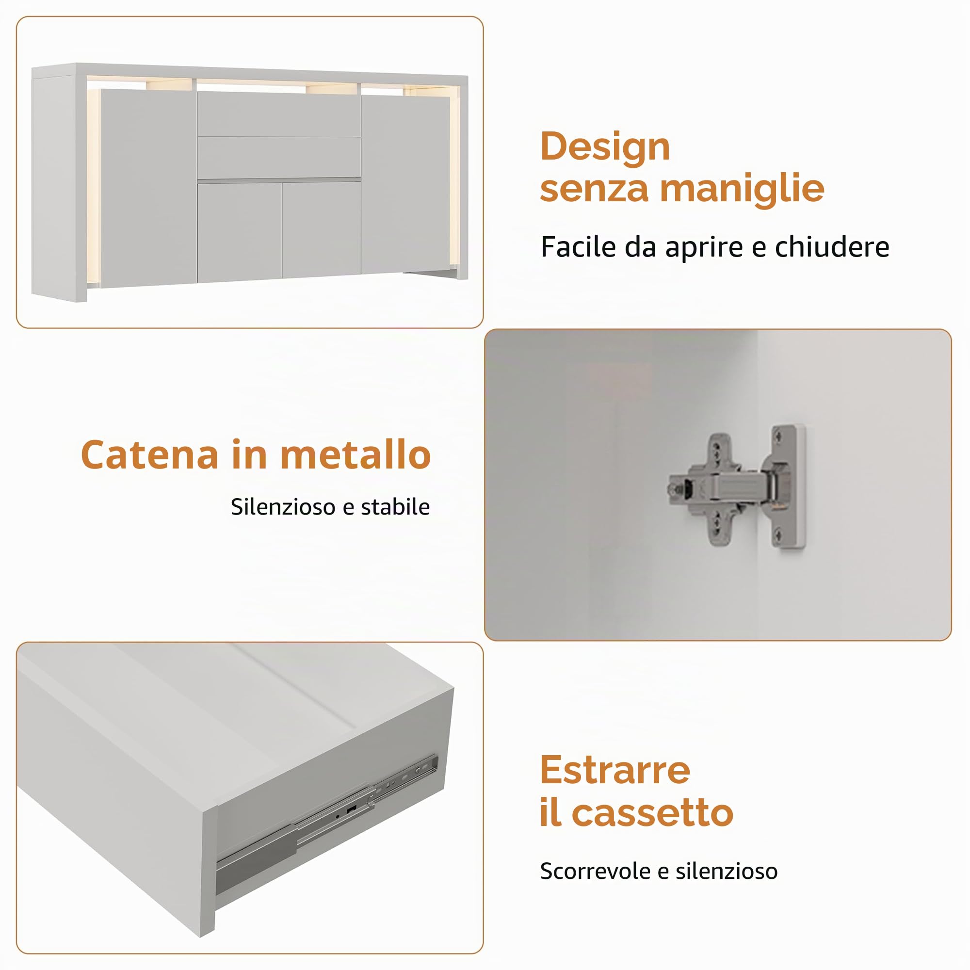 Credenza Soggiorno Moderno Lucida, Madia Mobile da Cucina con 4 Ante e 2 Cassetti,Dispensa Cucina Buffet da Cucina per Soggiorno Cucina Sala da Pranzo, 160x35x75 cm (Bianco)