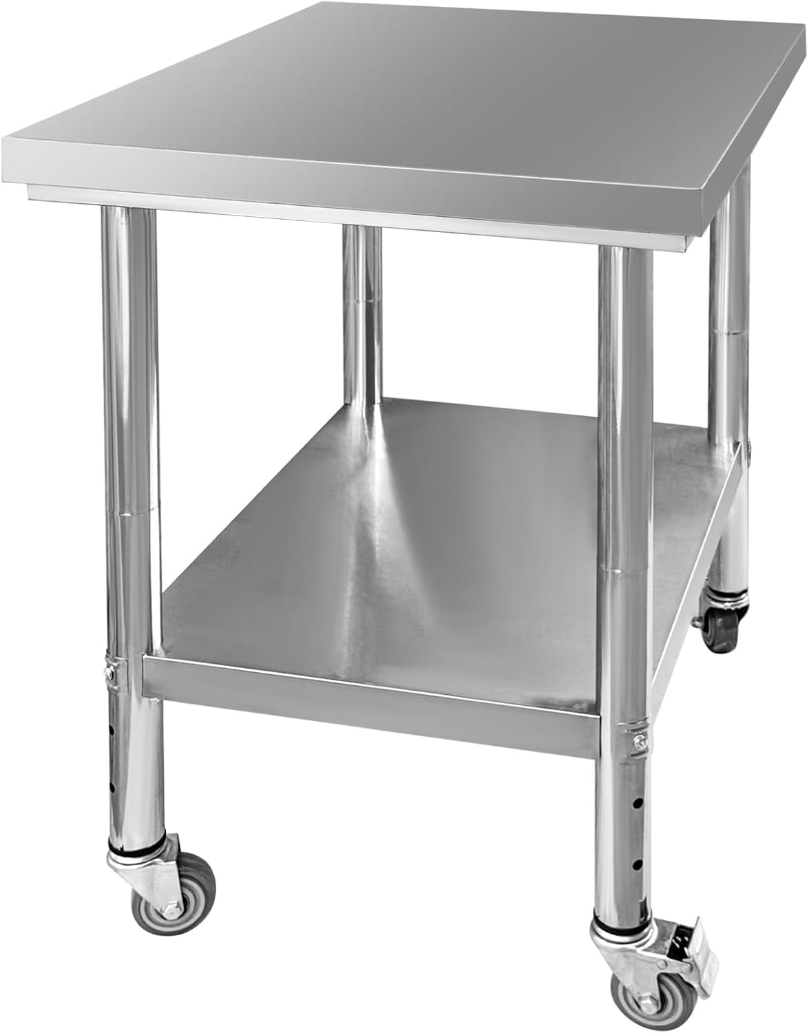 Stainless Steel Work Table with 4 Wheels 30 x 24 x 33 Inch Adjustable Metal Commercial Prep Workstation 2-Tier Heavy Duty Mobile Work Station Suitable for Kitchen Restaurant Hotel Garage