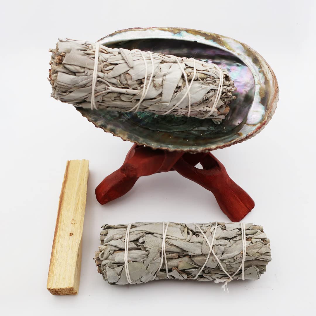 Smudge Kit - Spiritual Cleansing Sage Smudge Kit with Abalone Shell, Mango Wood Tripod, Palo Santo Stick and Set of 2 White Sage - Inspiring Smudging Kit to Cleanse Negativity