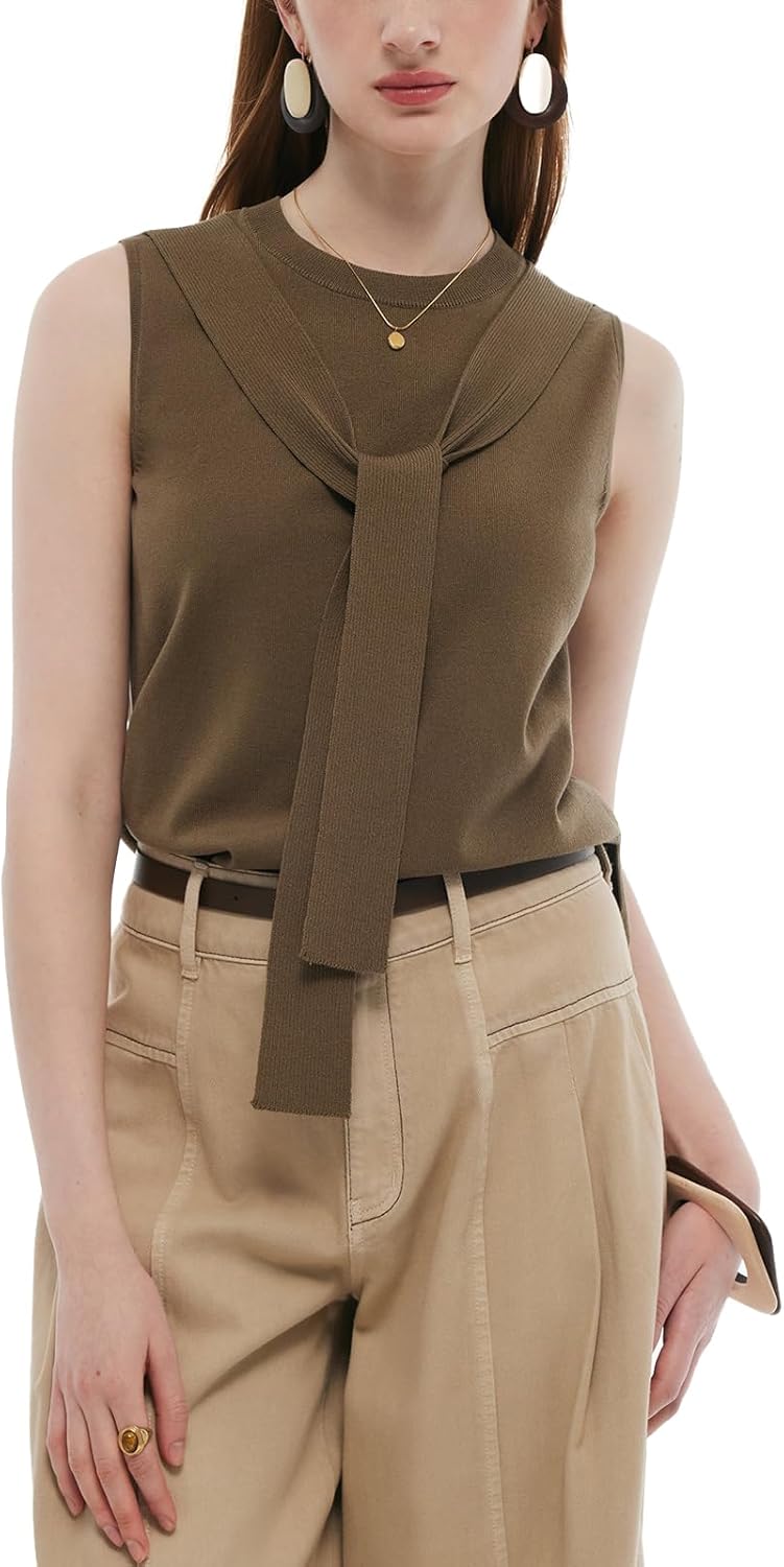 Women's Sleeveless Tie Front Knit Tank Top, Elegant Business Casual Blouse