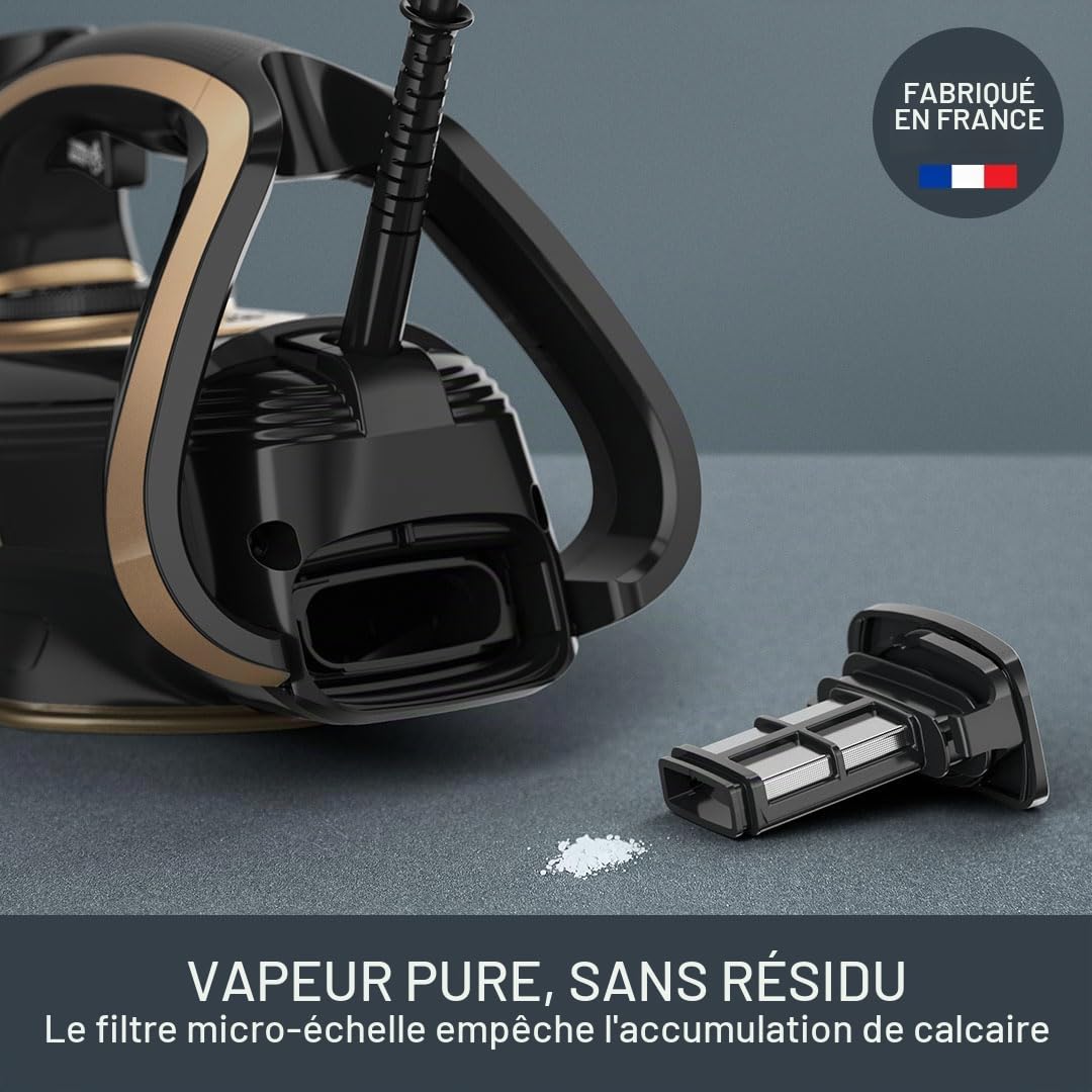 Tefal FV8064 Puregliss Fer à repasser à vapeur, 3000 W, effet pressing 280 g/min, 0-50 g/min, vapeur variable, vapeur verticale, semelle Durilium AirGlide Autoclean, filtre micro calc, noir/doré
