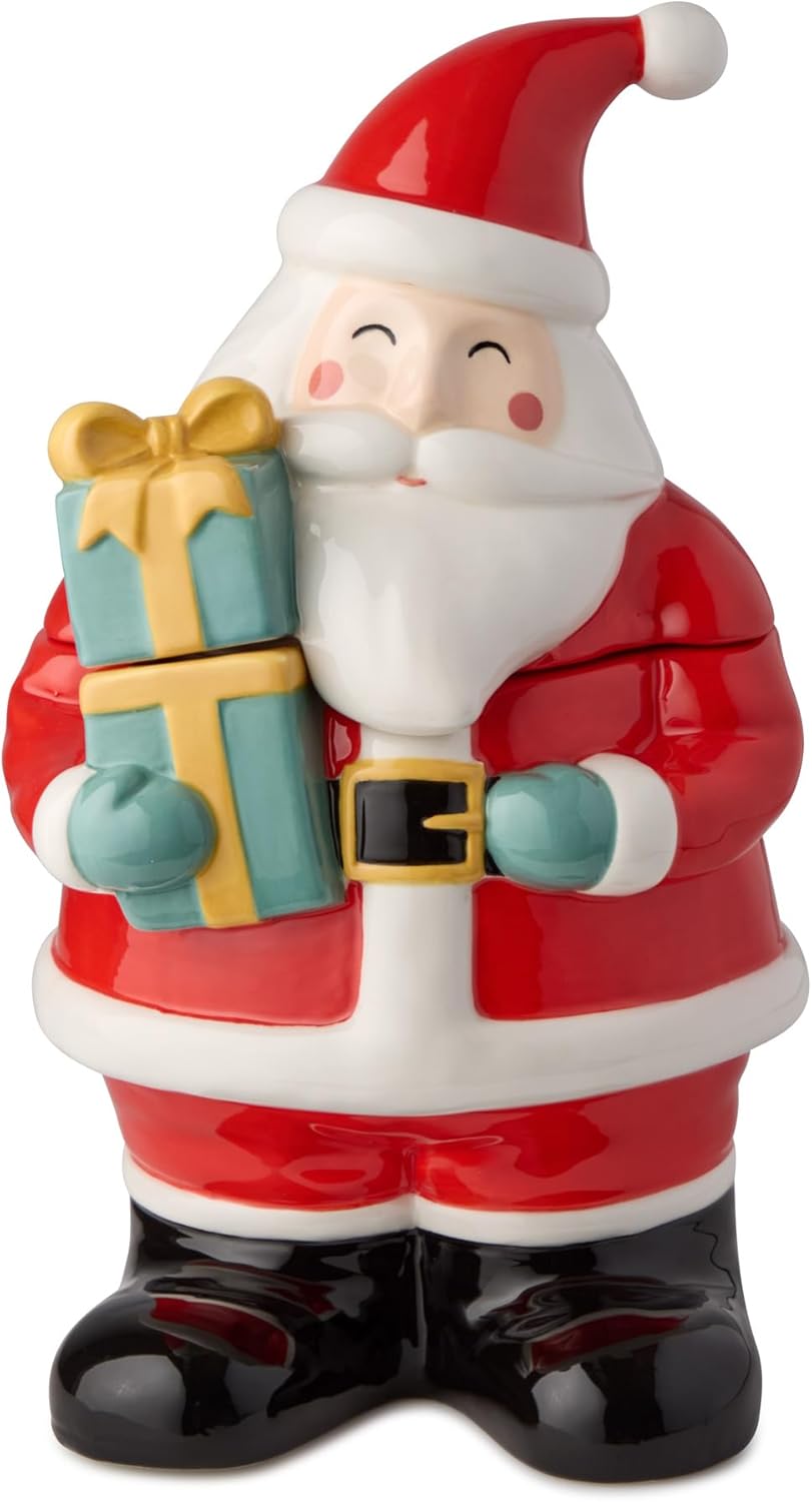 Christmas Whimsy Santa 3D Ceramic Cookie Jar with Gift – Holiday Jar for Treats, Cookies, Candy – Sculpted Santa Claus with Hand-Painted Details – Festive Kitchen Décor, 56 oz Capacity