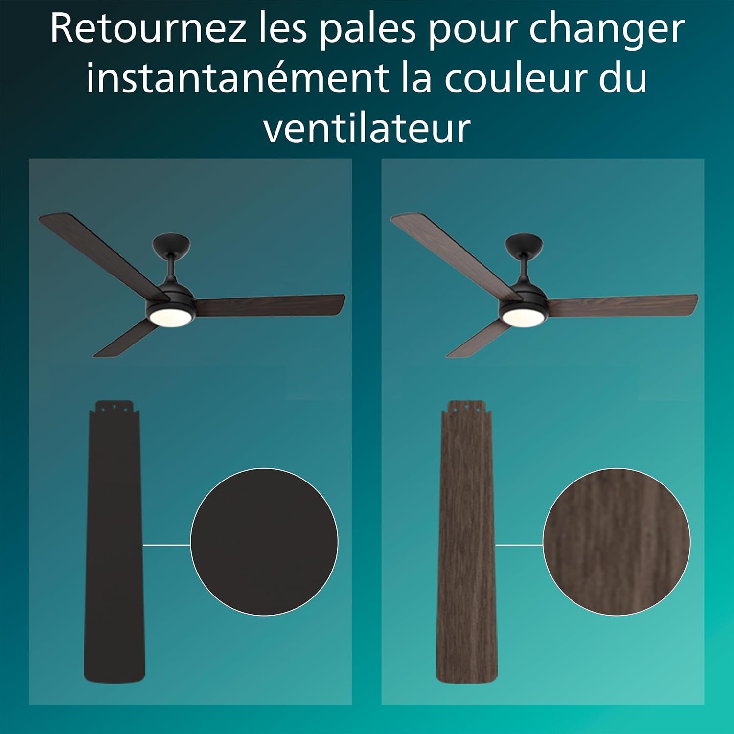 PHILIPS Plafonnier Ventilateur 3 Pales Civx, Lumière LED, 132cm, Noir/Bois