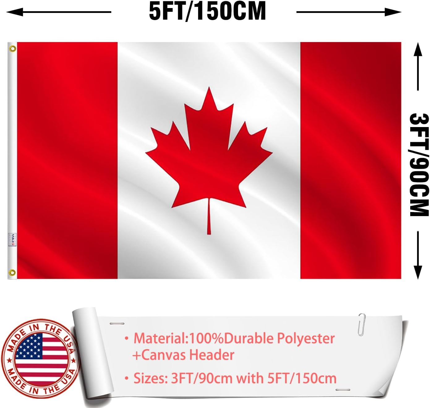 Canada Flag 3x5 Outdoor Made in USA - Double Sided Heavy Duty Vivid Color Canadian Flag with 2 Brass Grommet