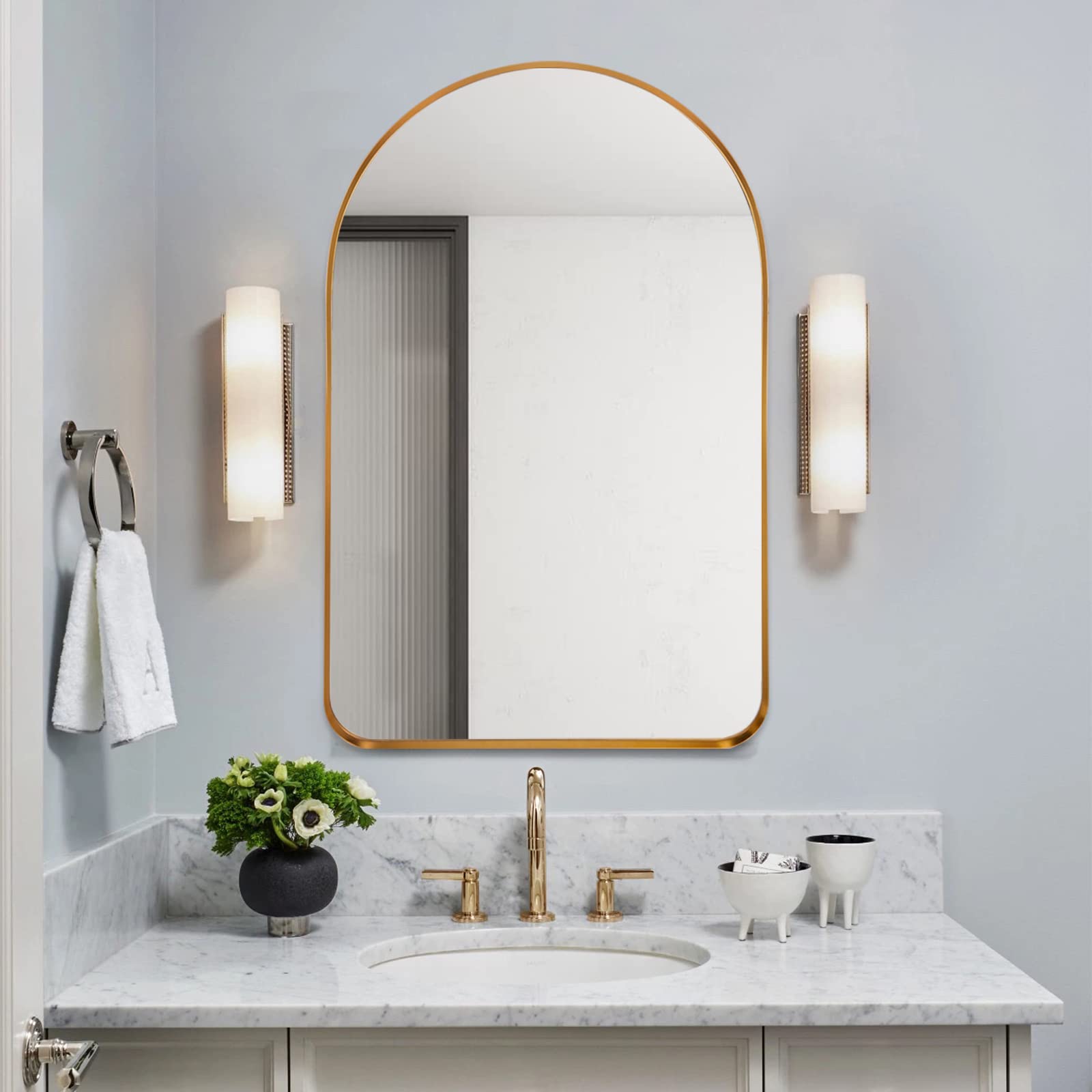 Niccy Arched Wall Mirror, 24" x 36" Gold Bathroom Mirror, Vanity Mirror