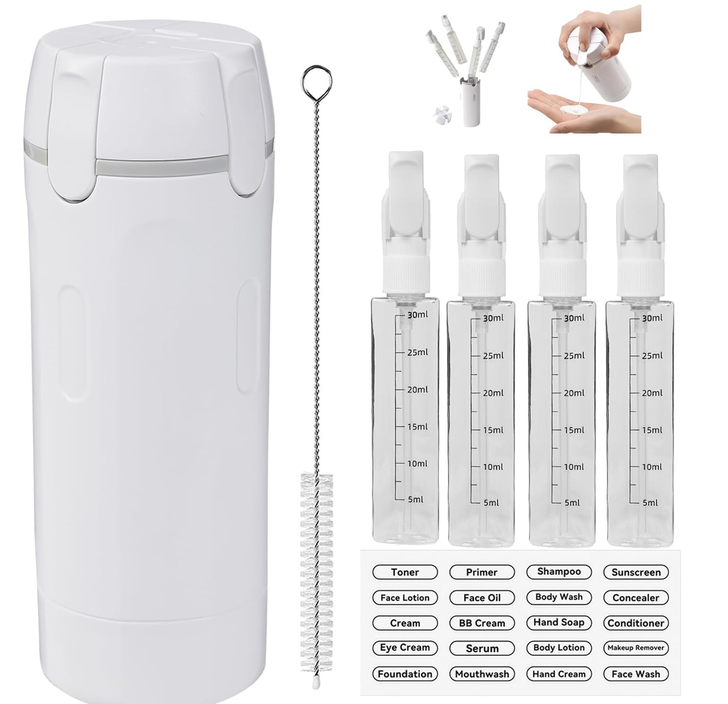 4 in 1 Travel Dispenser,4 Pack 30ML Travel Bottles for Toiletries,Refillable Leak Proof Portable Bottle Set for Shampoo,Shower Gel,Suitable for Travel,Gym,Vacation,Camping (White-1)