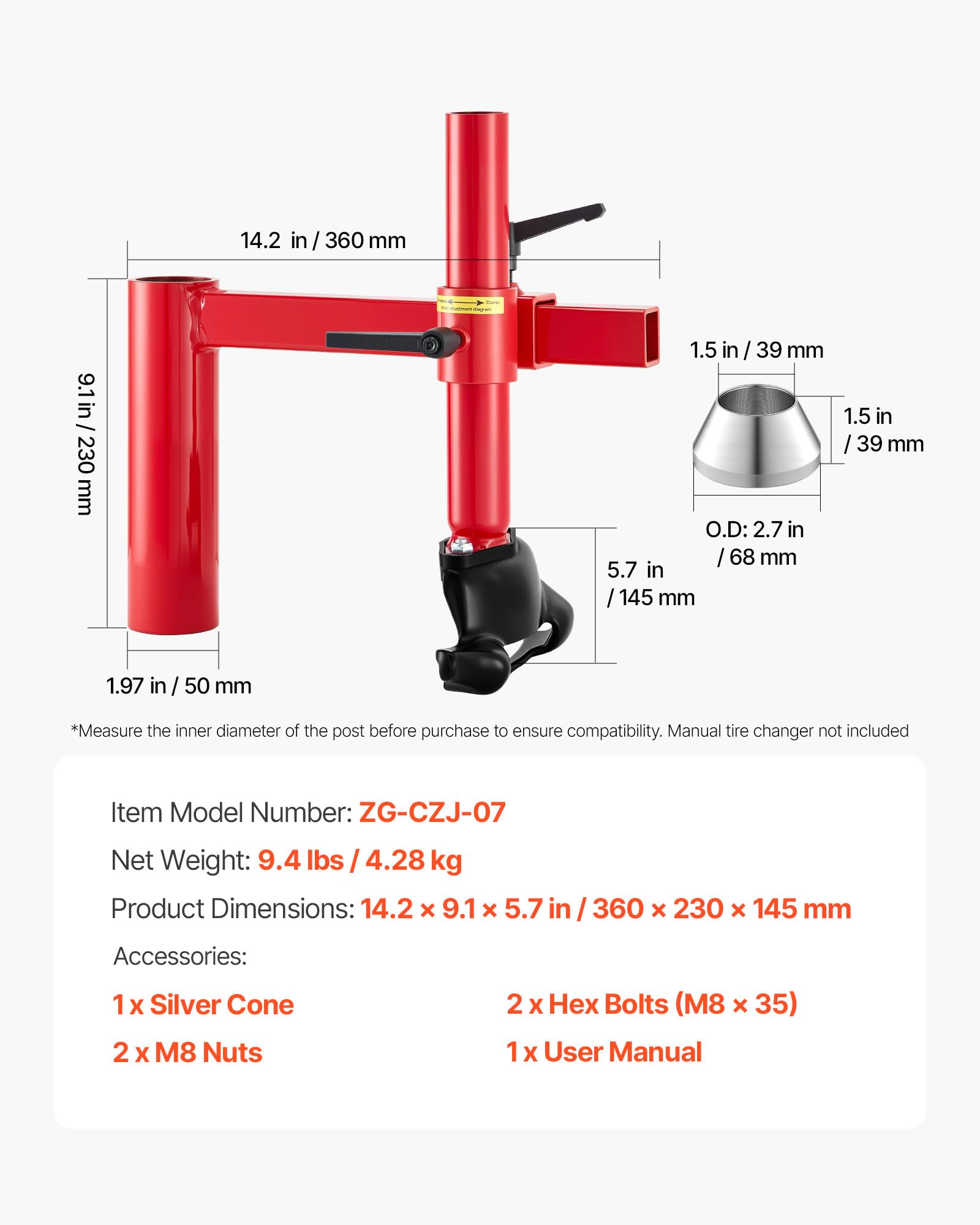 VEVOR Kit Adaptador de Cabeza de Cambiador de Neumáticos Manual con Cono Plateado, Apto para Ruedas de 406 mm a 533 mm, para la Mayoría de Automóviles, SUV, Camiones, Vehículos de Todo Terreno
