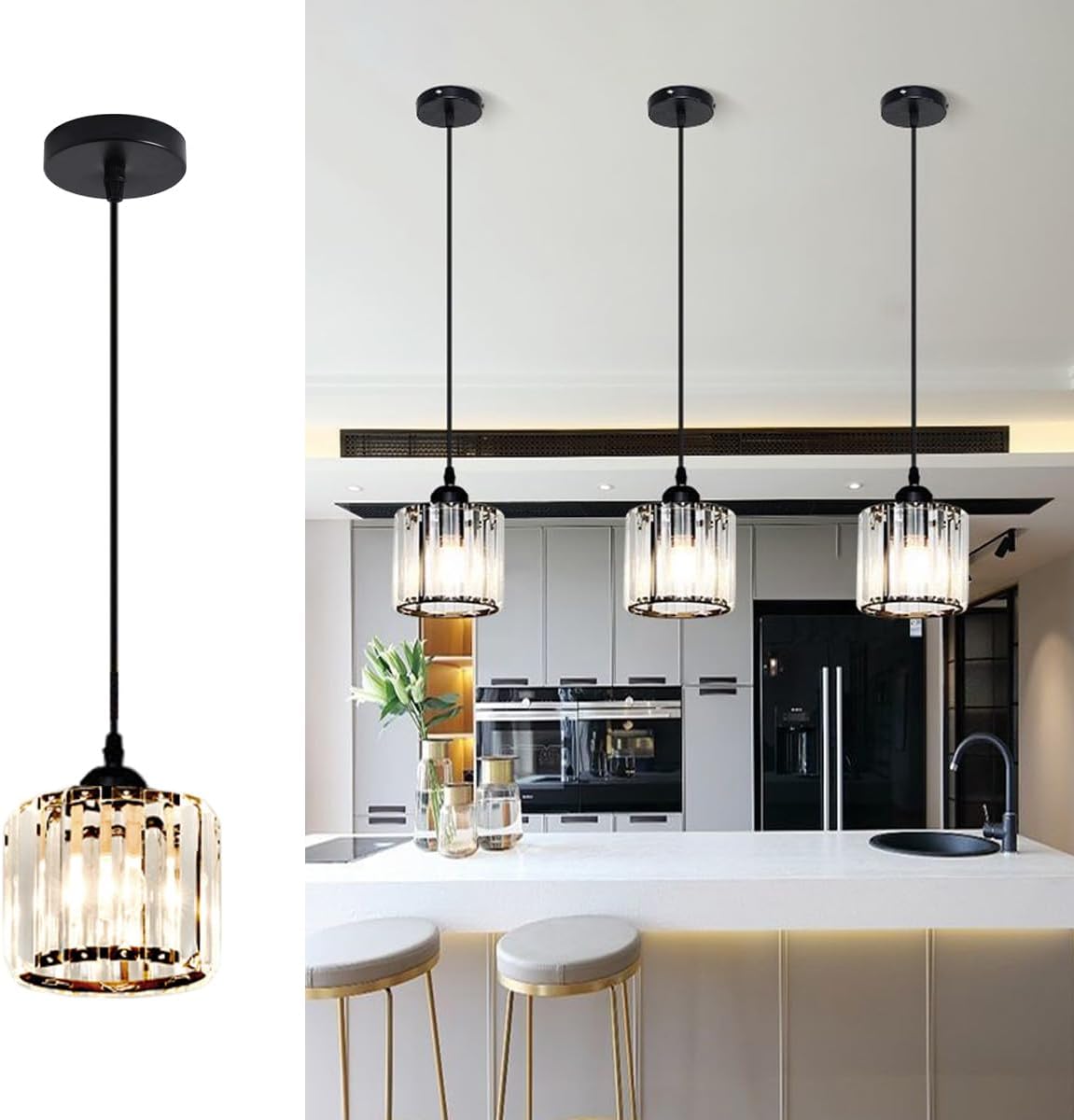 Modern Mini Crystal Pendant Light for Kitchen Island, 1 Pack Glass Close to Ceiling Light Fixtures, Black Small Hanging Lighting, Adjustable Round Chandelier for Dining Table Bedroom-E26 Bulb
