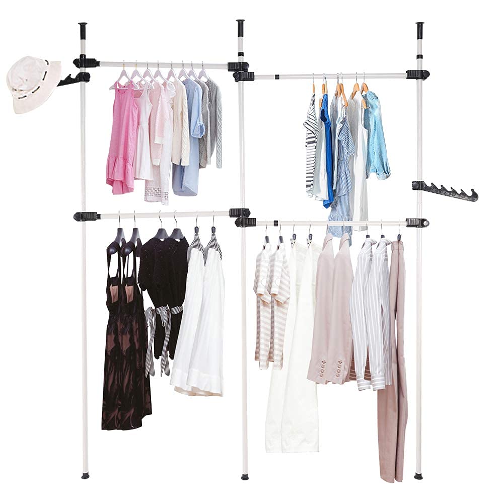 Greensen Perchero Telescopico Cabina Armadio Extensible con 2 Ganchos, 4 Barras y 3 Postes Perchero de Ropa Telescopico Carril de Ropa (153-272) x (281-329) cm
