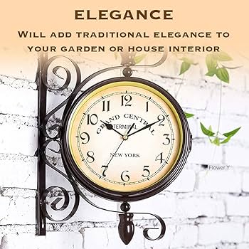 Double Sided Wall Clock Garden Porch Hanging Retro Station Home Decor Outdoor Two Faces Antique Round Silent Easy To Hang