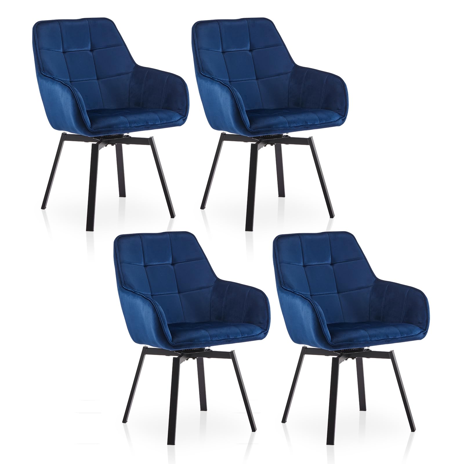 TUKAILAi Swivel Dining Chairs Set of 4 Velvet Upholstered, with Arm, Back, Super Thick Padded Seat & Metal Legs, Rotatable Armchair for Kitchen Guest Reception Restaurant Commercial (Blue)