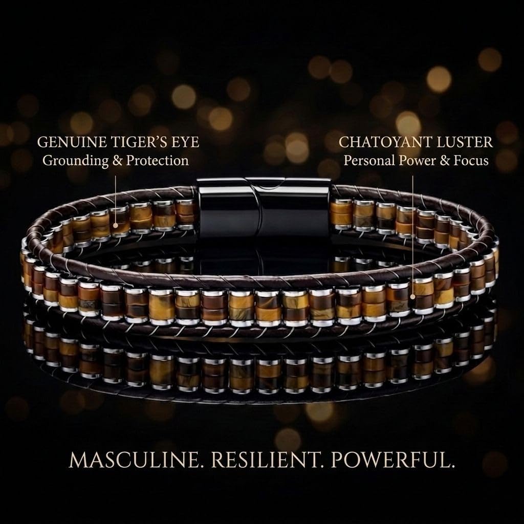 Bracelet Œil de Tigre Homme - Bracelet en Pierre Naturelle pour Homme - LesBacos Bijoux Masculins avec Détails en Cuir, Fermoir Magnétique Noir Brillant