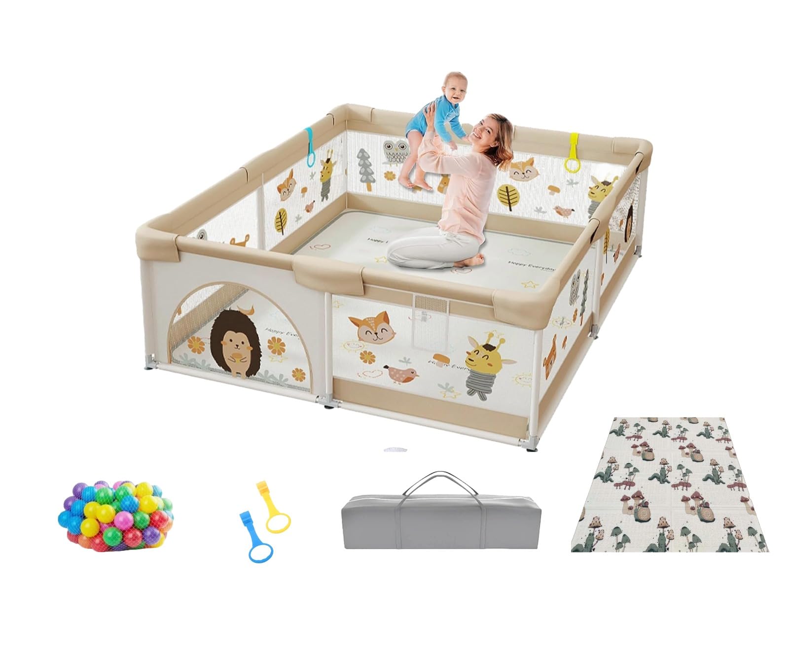 Baby Playpen Extra Large 180x150cm Playpen for Babies and Toddlers with Play mat 150*180*1.0cm, 60 Ocean Balls 2 Handrails and 1 Bag, baby fence, Indoor & Outdoor Kids Activity Center (Brown Lion)