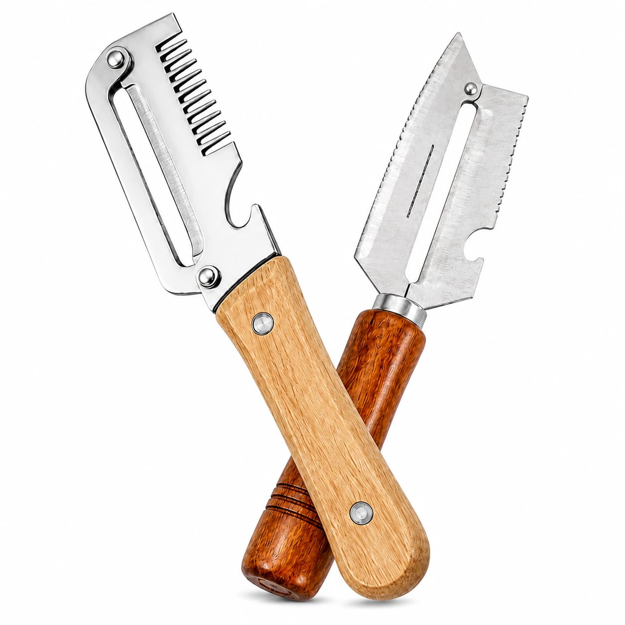 Vegetable Peeler Combo Pack of 2 (4-in-1 & 3-in-1) | Stainless Steel Wide Blade Potato, Carrot & Fruit Peelers with Wooden Handle Kitchen Peeler Set with Scallion Shredder, Bottle Opener-image-46