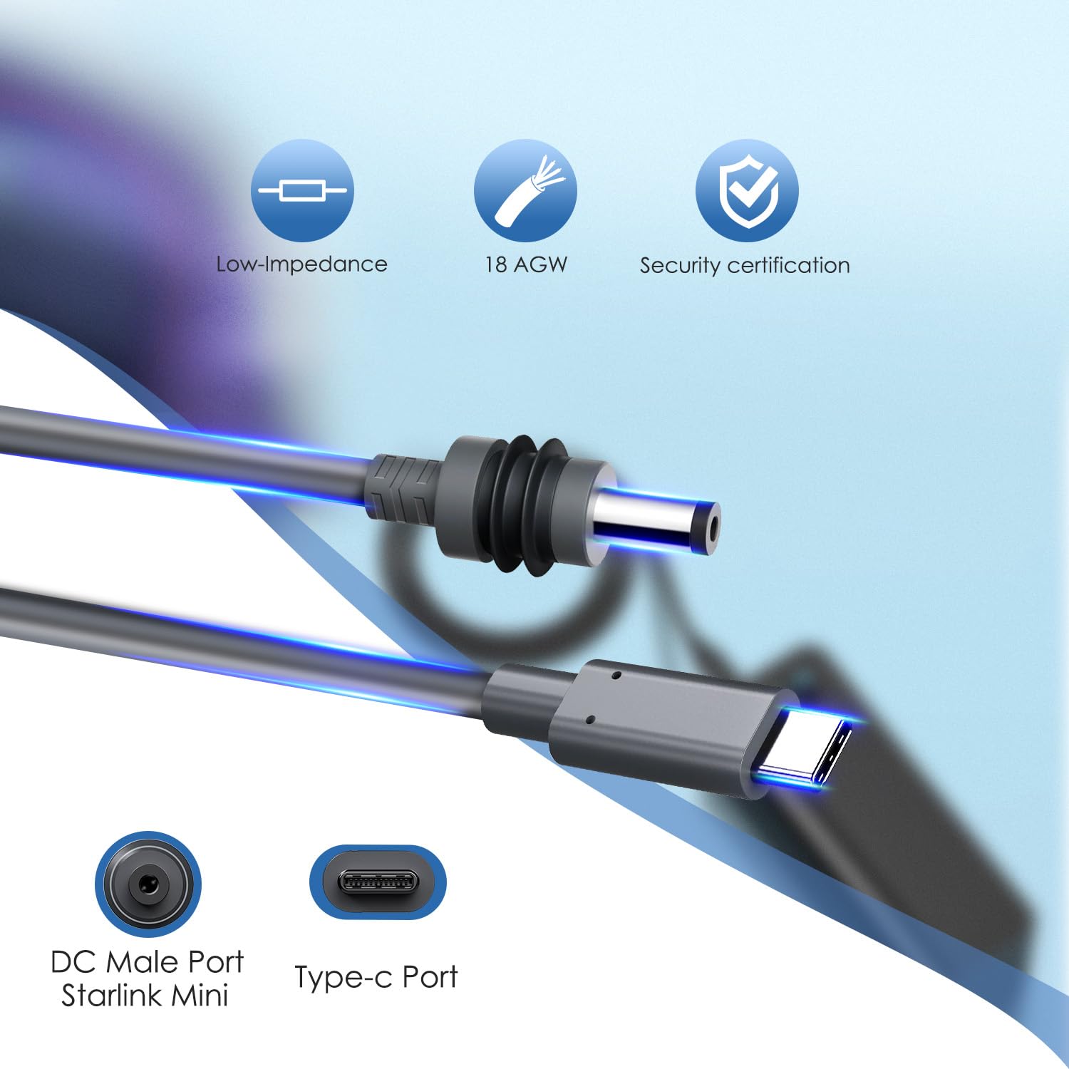 Starlink Mini kabel zasilający USB C na DC, 40 m, niezbędne akcesoria mini ze złączem USB typu C, wodoodporny przewód USB-C na DC, 5 m, kompatybilny z powerbankiem 100 W i ładowarką PD