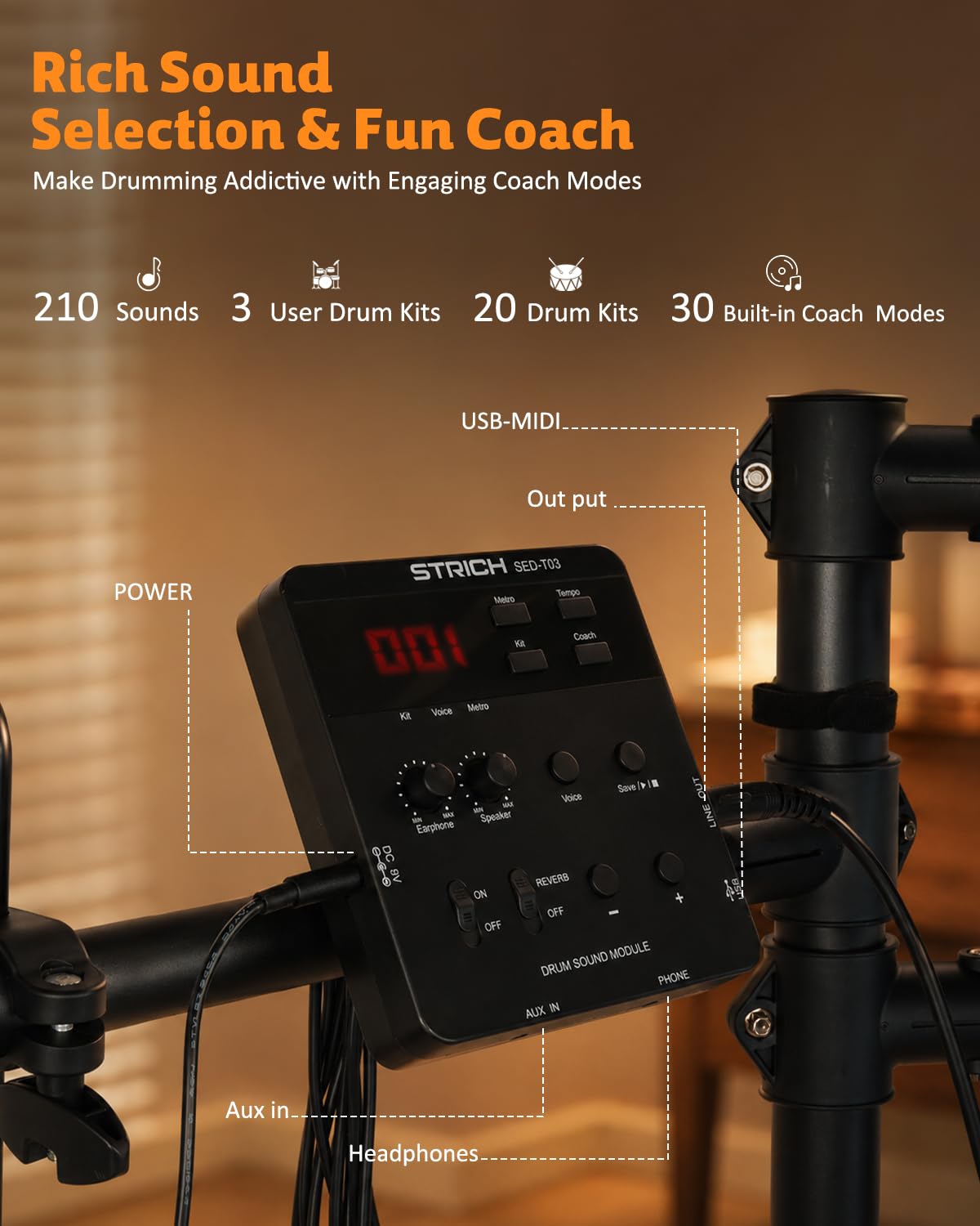 STRICH Elektronisches Schlagzeug E-Drum Set mit Mesh Heads, LED Drum Pads, USB MIDI, faltbares Electronic Drum Kit mit Drumhocker, Kopfhörer und Drum Matte für Anfänger & Home Practice, SED-T03