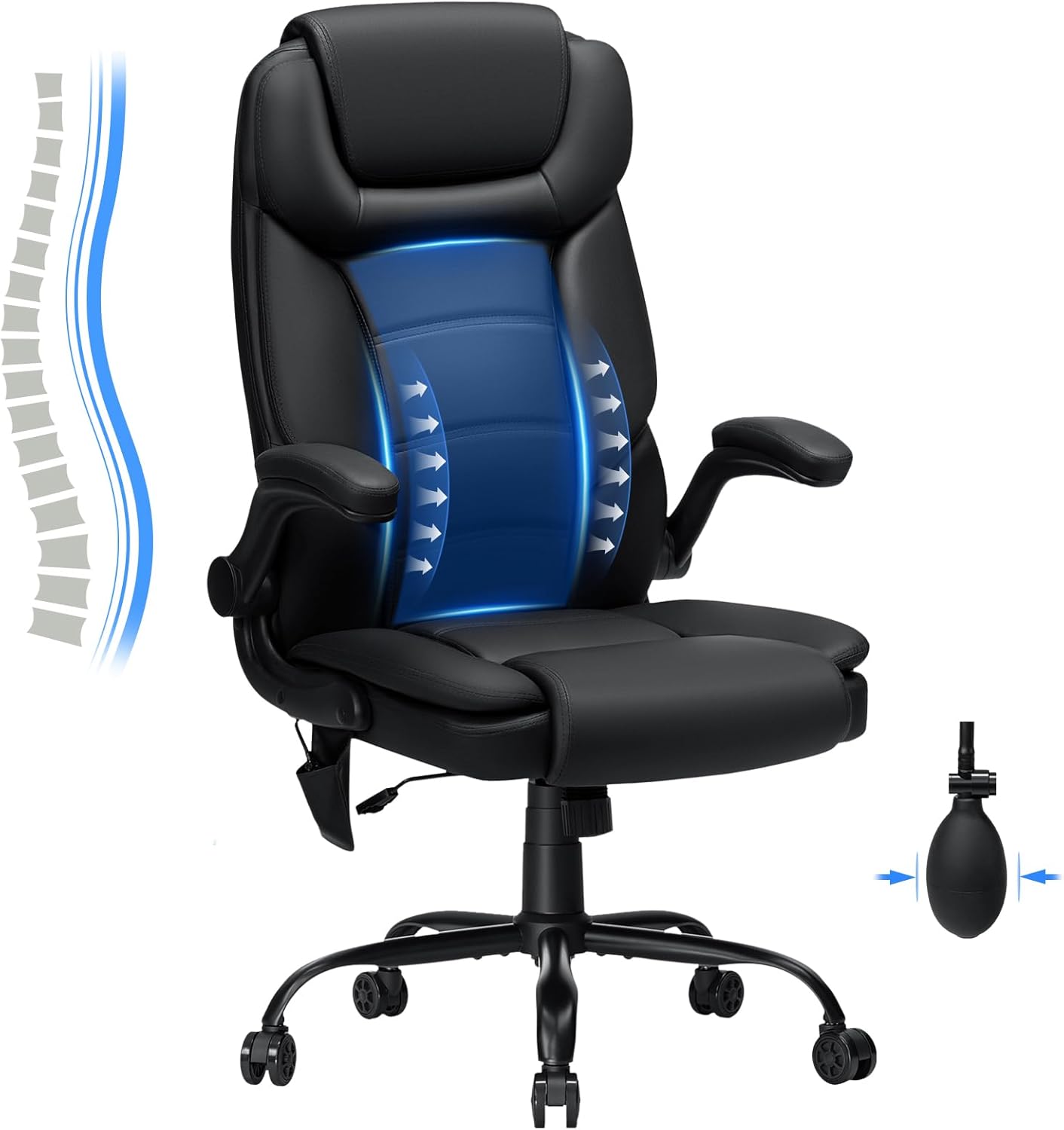 Executive Office Chair Big and Tall 450lbs Heavy Duty Office Chair with Adjustable Lumbar Support High Back Ergonomic Home Computer Leather Chair with Padded Flip-up Arms for Heavy People,Black