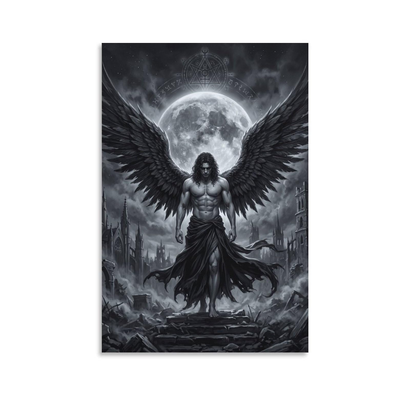 W7C8U2X3 Dark Angel Lucifer Ruins Moon Canvas Wall Art, Gothic Fantasy