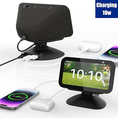 Miniatura 3 de Soporte regulable para Echo Show 5 (3) con puerto de carga USB-C y USB, estación de carga inclinable + giratoria con fuerte magnético para cargar