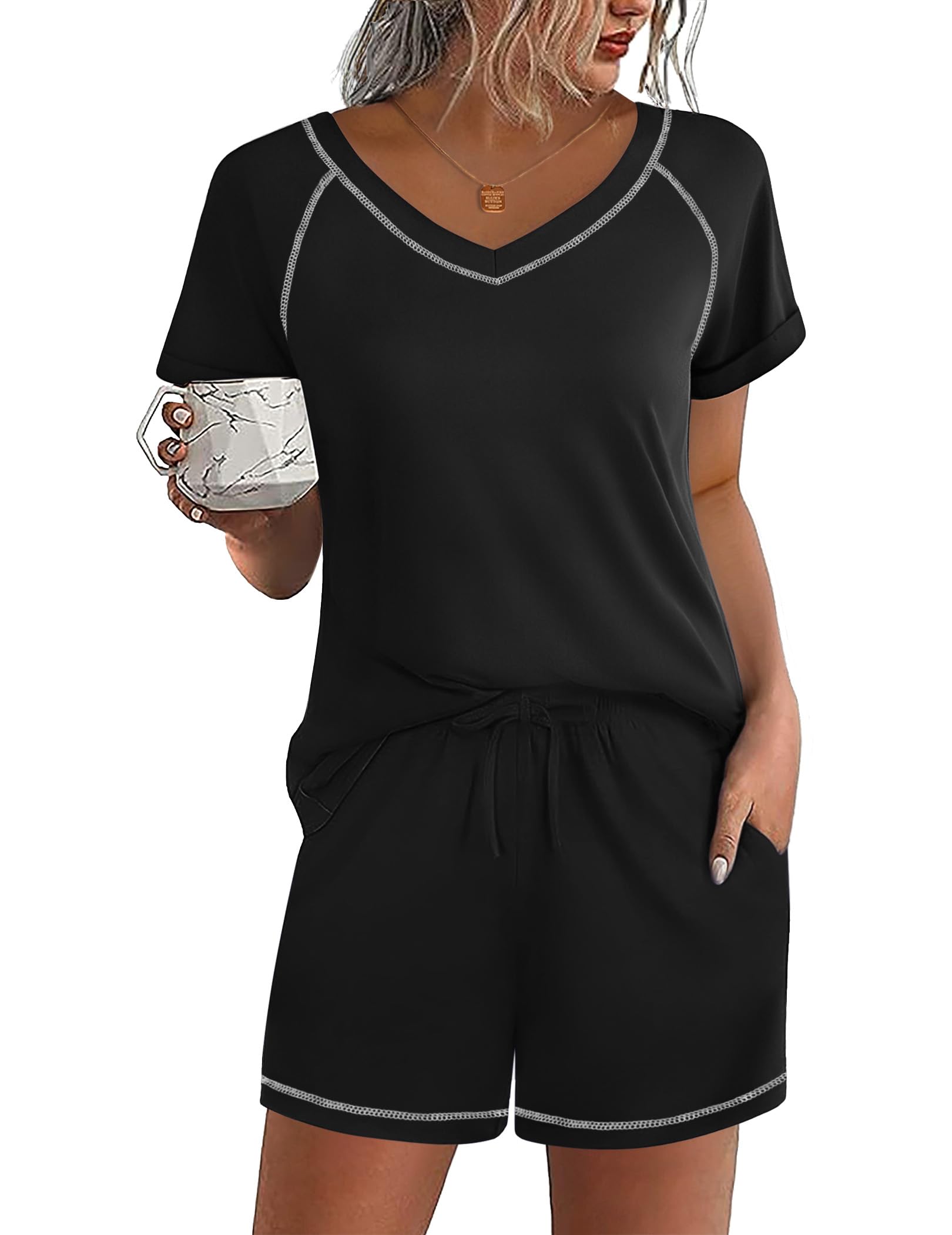 Ekouaer Pajamas Set for Women 2 Piece Lounge Set V Nek Sleepwear Tops & Shorts Set Soft Pjs S-XXL