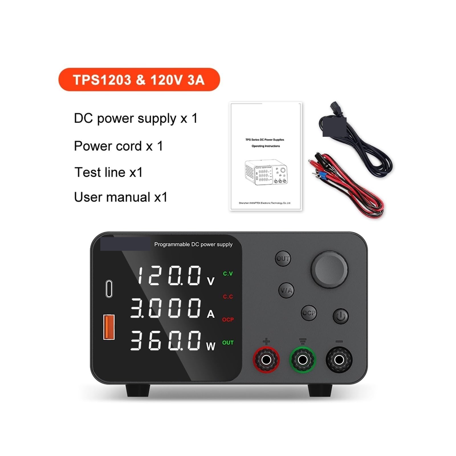 Fuente de alimentación de CC, Fuente De Alimentación Laboratorio 30V 10A Con Carga Rápida USB Corriente Voltaje Regulable 5A 60V 120V 3A CC(TPS1203 Black)