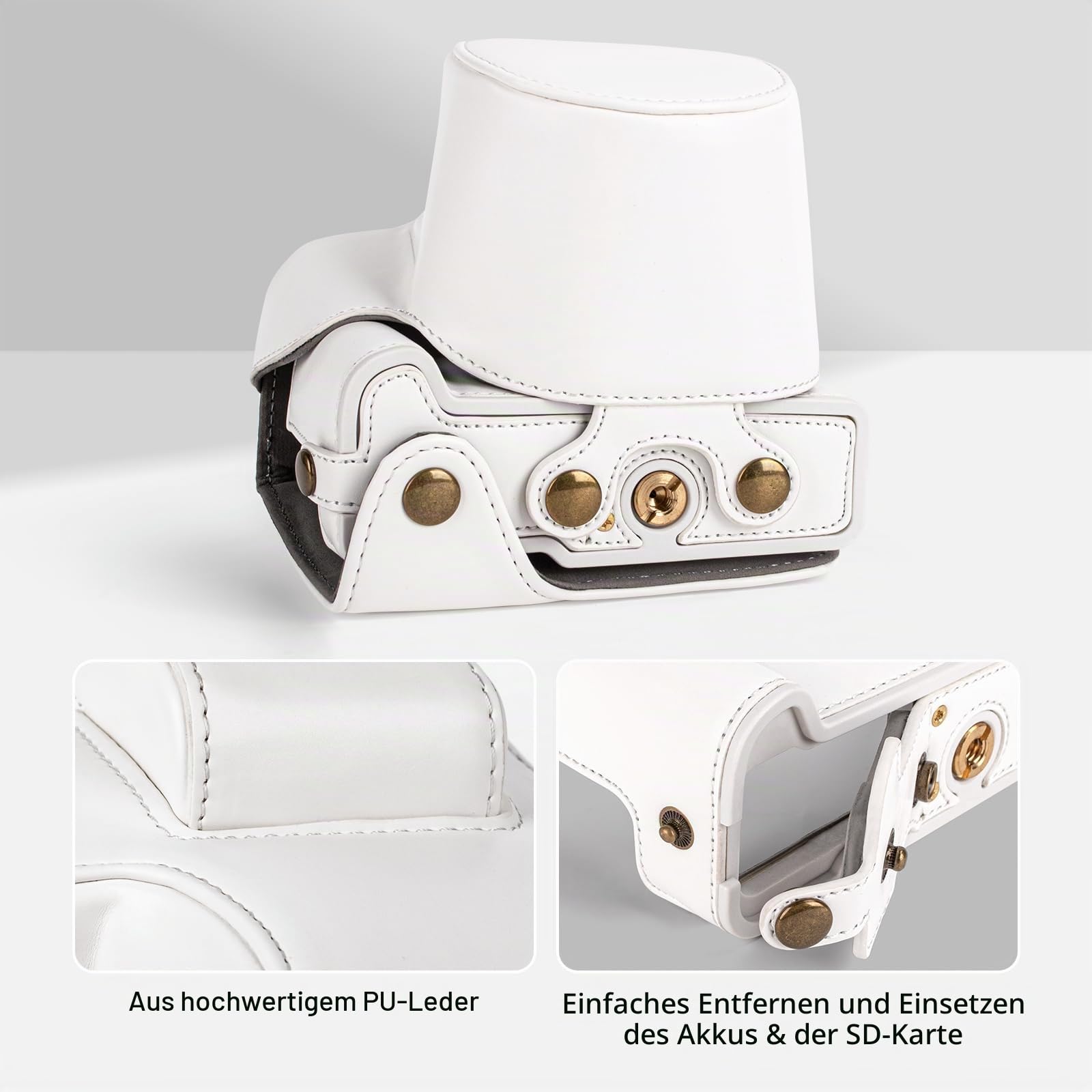 MUZIRI KINOKOO EOS R50 R100 Kameratasche, Retro-Schutzhülle aus PU-Leder für die Canon EOS R50 R100 DSLR-Kamera mit 18-45-mm-Objektiv – mit Bodenöffnung, Schultergurt und Aufbewahrungstasche - Weiß