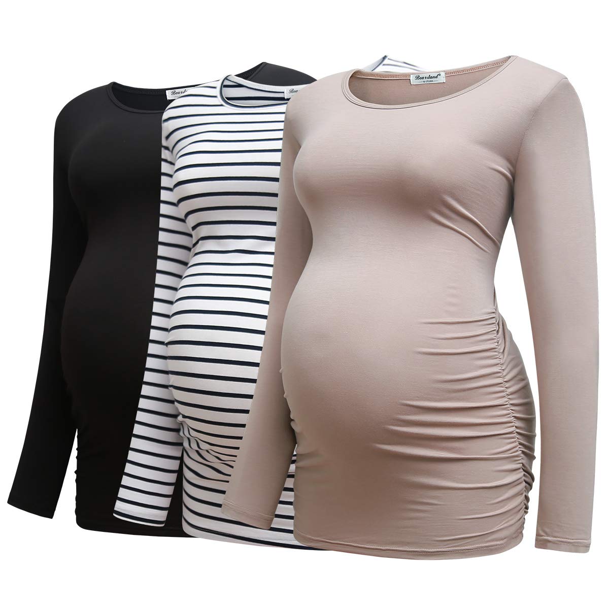 BearslandWomens Maternity Long Sleeve Tshirt 3 Packs Classic Side Ruched Tee Top Mama Pregnancy Clothes