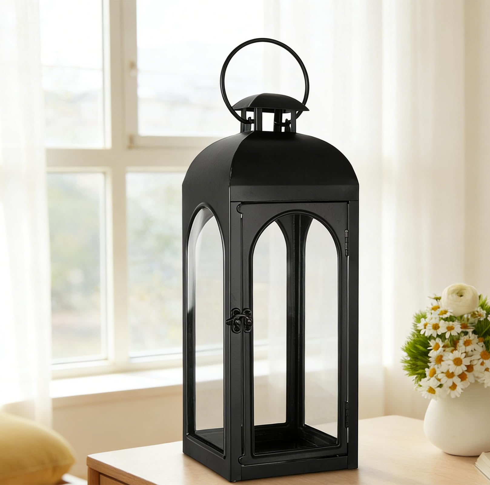 Decorative Candle Lantern 16Inches Outdoor Black Metal Lantern Hanging Candle Lantern for Indoor Outdoor Home Decor Patio Christmas Decorations