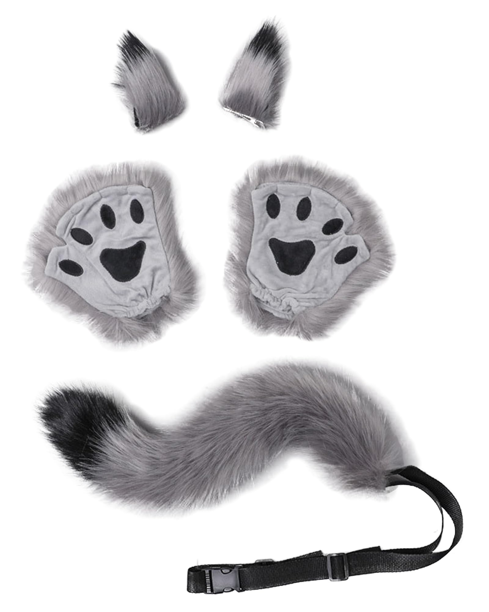 NICEYEA Faux Fur Animal Ears Tail Paw Glove Set - Fluffy Cat Fox Wolf Tail Ears Hair Clip Claw Gloves Halloween Cosplay Fancy Dress Accessory