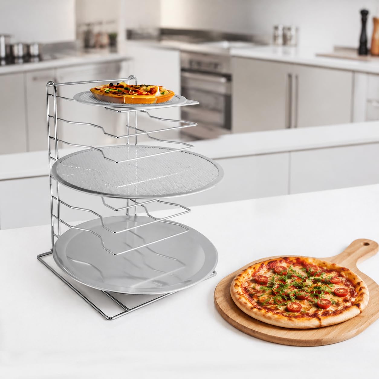 Support pizza rectangulaire, grille de rangement pour plaques à pizza, râtelier de comptoir en fer plaqué argent, 30,5 × 30,5 cm, 30,5 x 30,5 x H42,5 CM (8 couc