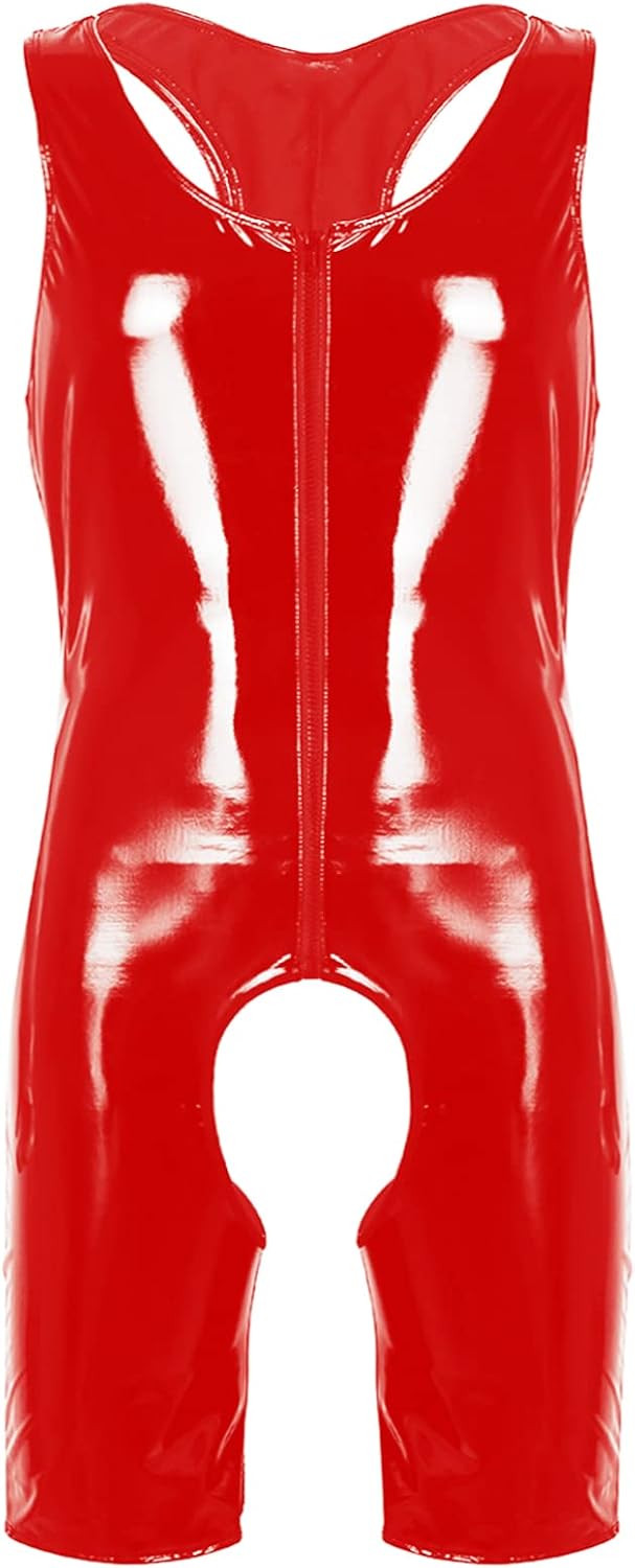 Lejafay Men Shiny Metallic Leotard Bodysuit One-Piece Sleeveless Racer Back Zipper Catsuit Clubwear